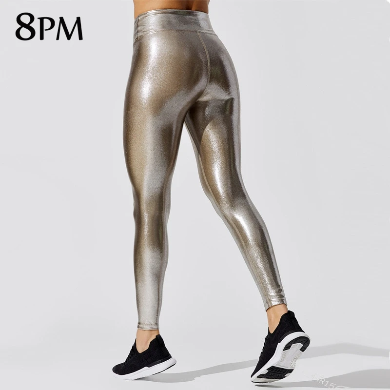 

Women High Waisted Metallic Leggings Elastic Waist Sexy Shiny Leggings Performance Costumes Spandex Pants Adult Trousers ouc1187