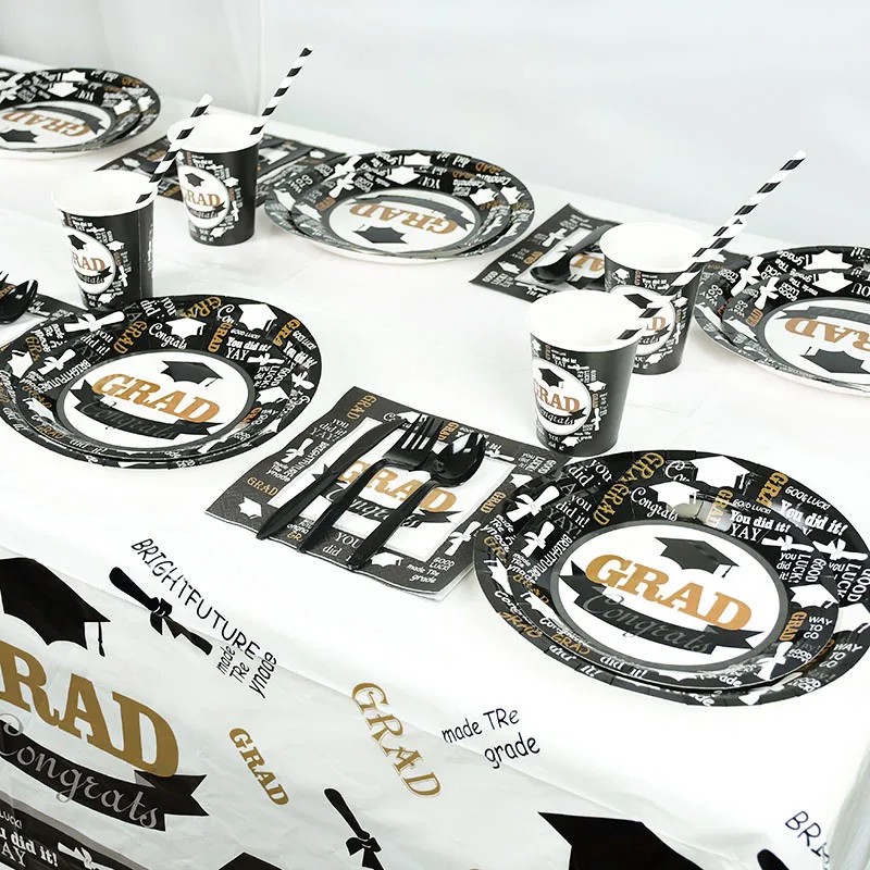 Выпускной вечерние одноразовая посуда черный белый цвет одноразовые тарелки