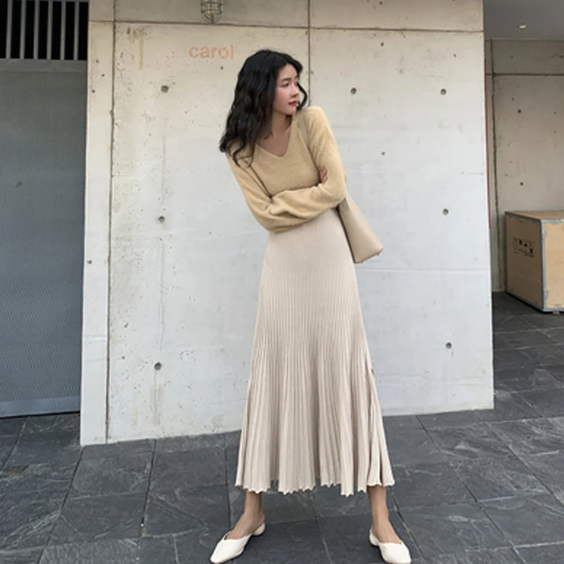 

2020 Autumn Winter Side Slit Long Female Knitted Skirts Elastic Waist Maxi Pleated Women Skirts Vestidos