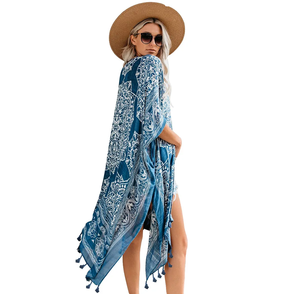 Shi ying Hawaii Seaside Holiday Printed Tassels Kimono Blouse Cardigan Mid-length Beach Jacket Women's 85283 |