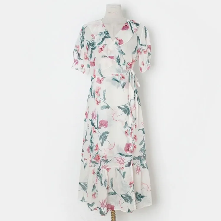 

VICONE small sweet wind accept waist a chip with a v-neck dress printing long summer Dress