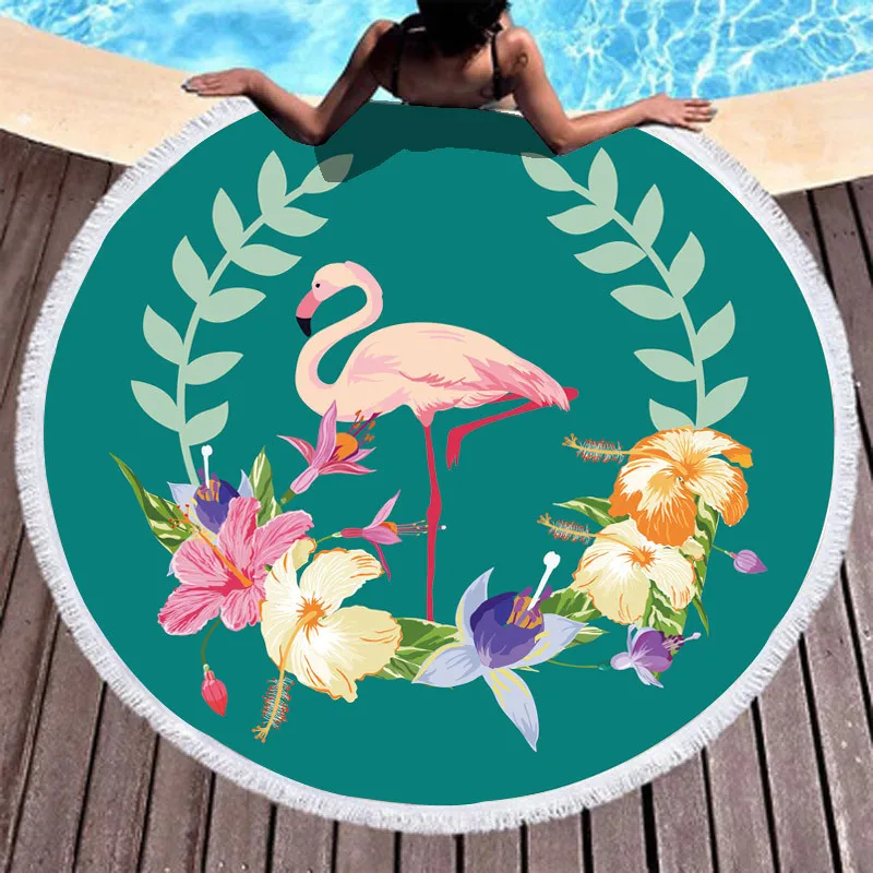 Пляжное полотенце с принтом фламинго тропическим большое круглое пляжное из