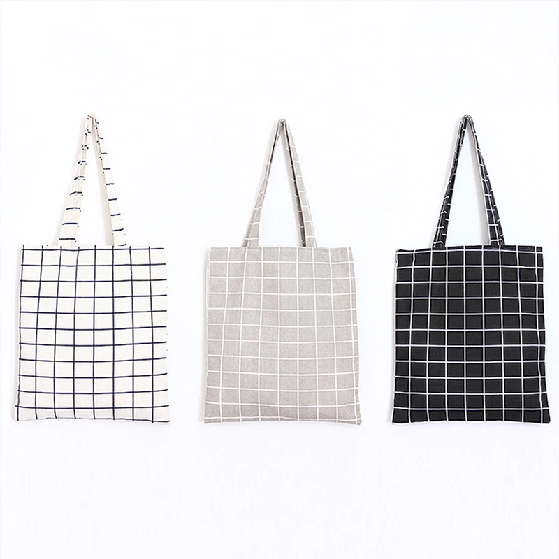 

Fashion Durable Handbag Women Student Cotton Linen Single Shoulder Bag Shopping Tote Check Plaid Female Flax Canvas Shopping Bag