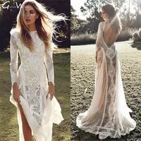 Bohemian Plus Size Sexy Split Wedding Dress Lace Boho Sheath Bridal Robes Full Sleeve Backless Beach vestido de noiva