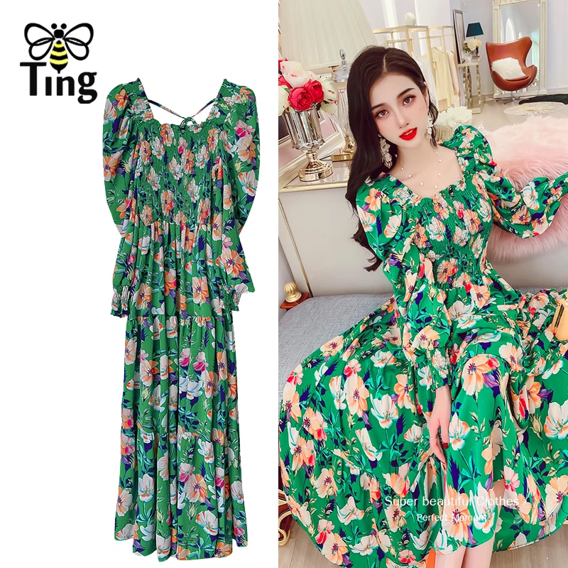 Женское платье-миди с цветочным принтом длинным рукавом и буффами - купить по