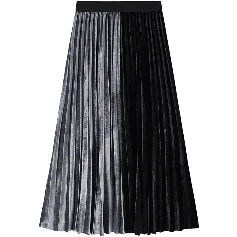 Женская юбка плиссированная бархатная осенне зимняя с высокой талией в стиле