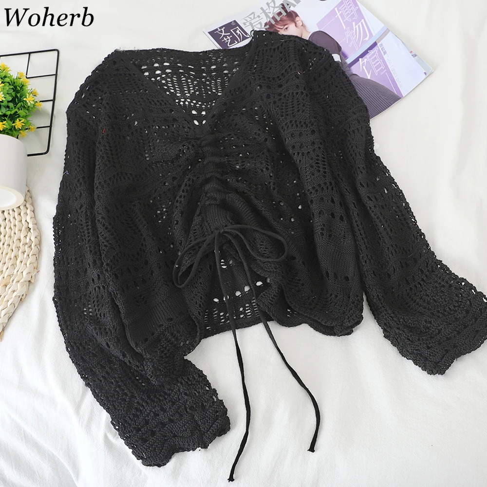 Свитер женский Woherb тонкий свободный короткий с V-образным вырезом вязаный