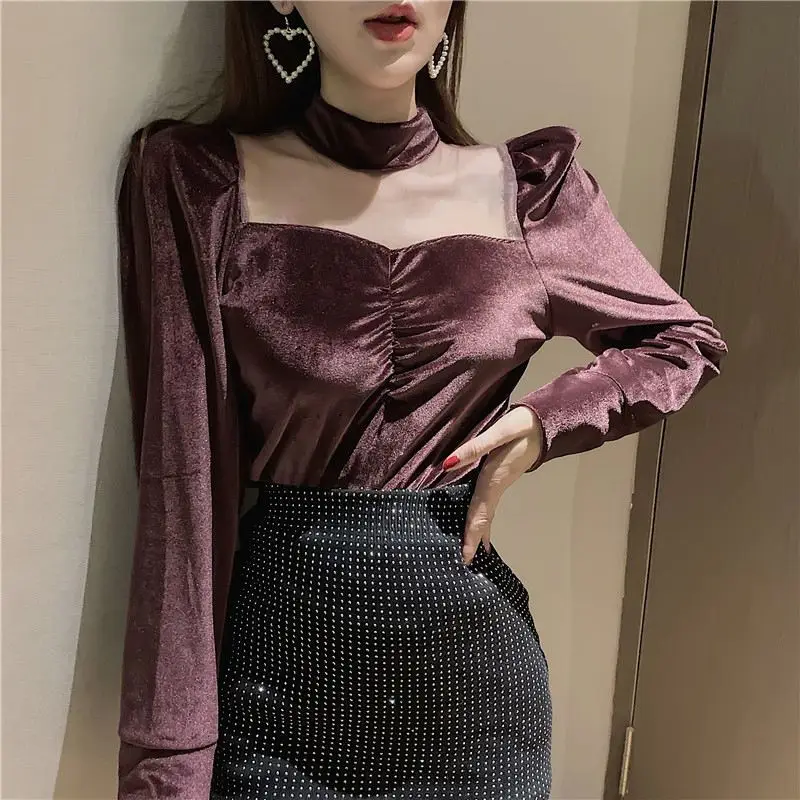 

Winter Autumn Women Shirt Square Collor Hollow-Out Velvet Vintage Pullover Skinny Puff Sleeve Sexy Top Blusas Mujer