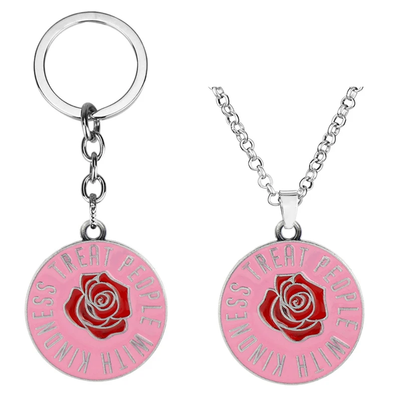 

Treat People With Kindness Keychain Rose Flower Pendant Enamel Metal Necklace Key chain Fashion Jewelry Christmas Friends Gift