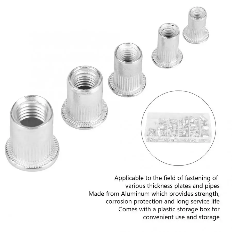 190 шт. набор заклепок гайки алюминиевые плоские головки резьбовые крепежные M3 M5 M6