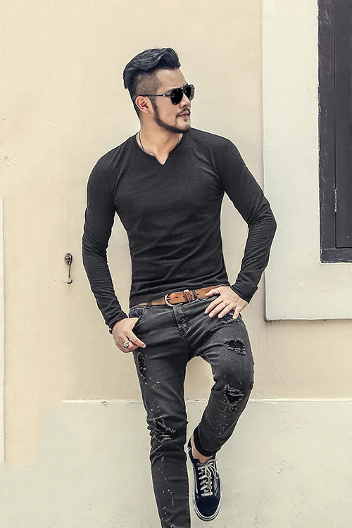 Мужская облегающая футболка с длинным рукавом стильная и роскошная хлопковая