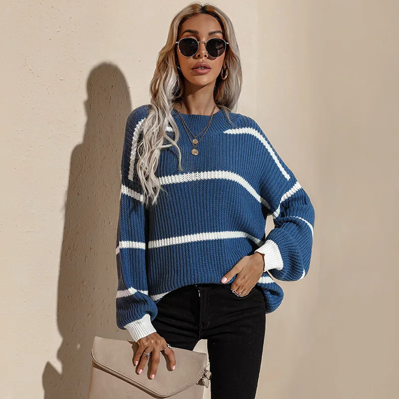 

Autumn And Winter Knitted Sweater Women O-neck Pullover Long-sleeved Loose Striped Top Casual Temperament Fashion Sweater