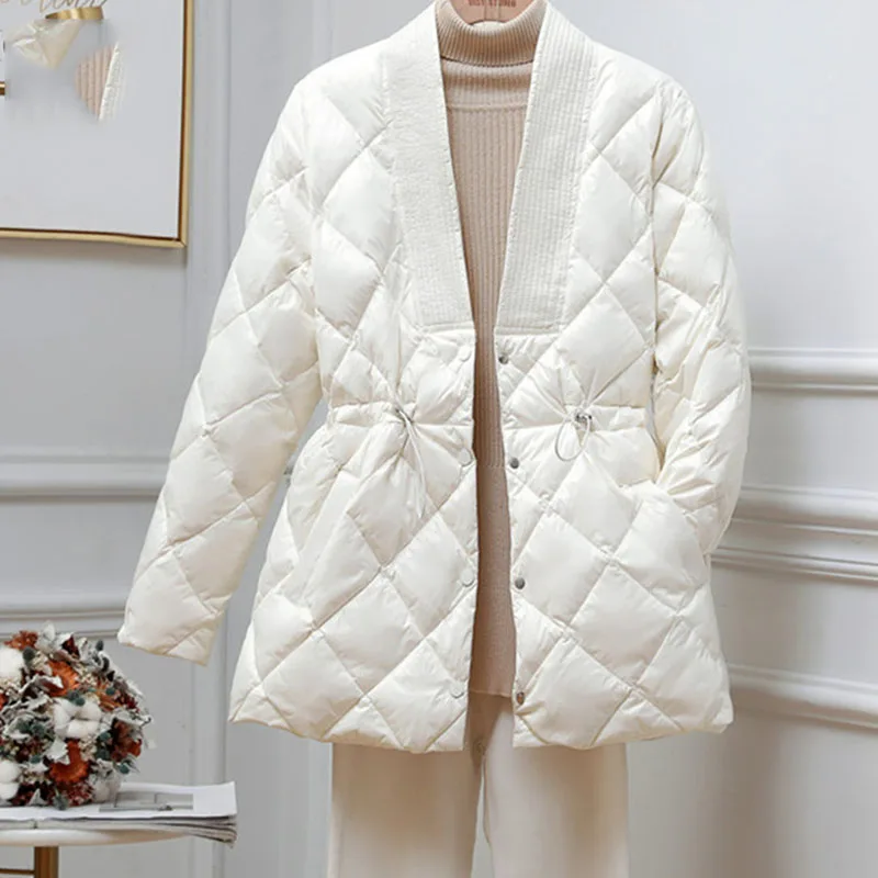 

2021 New Korean Women Elegant White Duck Down Jacket Fashion V Neck Slim Bandage Lightweight Down Coat and Parka Warm Outwear