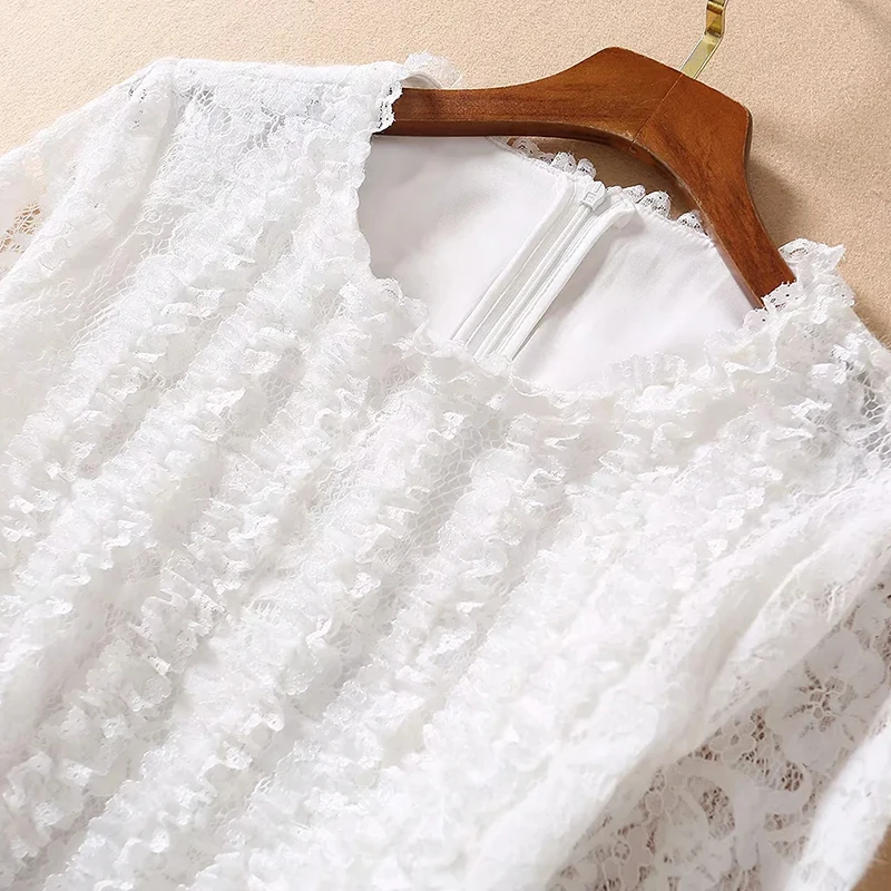 

AELESEEN Runway Fashion White Dress 2021 Spring Summer Ruffles Flower Embroidery Elegant Office Ladies Long Party Dress