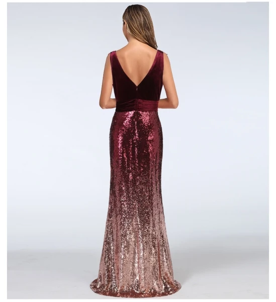 

CYVelvet patchwork deep v evening gown Long Mermaid Party Prom Gowns Sequins Backless robe de soiree Vestido