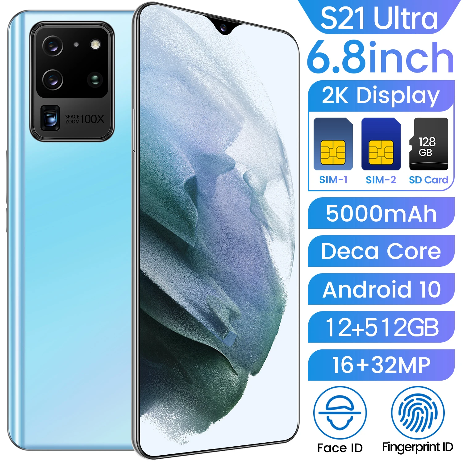 

Global Version 6.8In S21 Ultra 4k Screen Smartphone 12+512GB Android10 5G 5000 MAh Cellphone 16+32MP Fingerprint ID Mobile Phone
