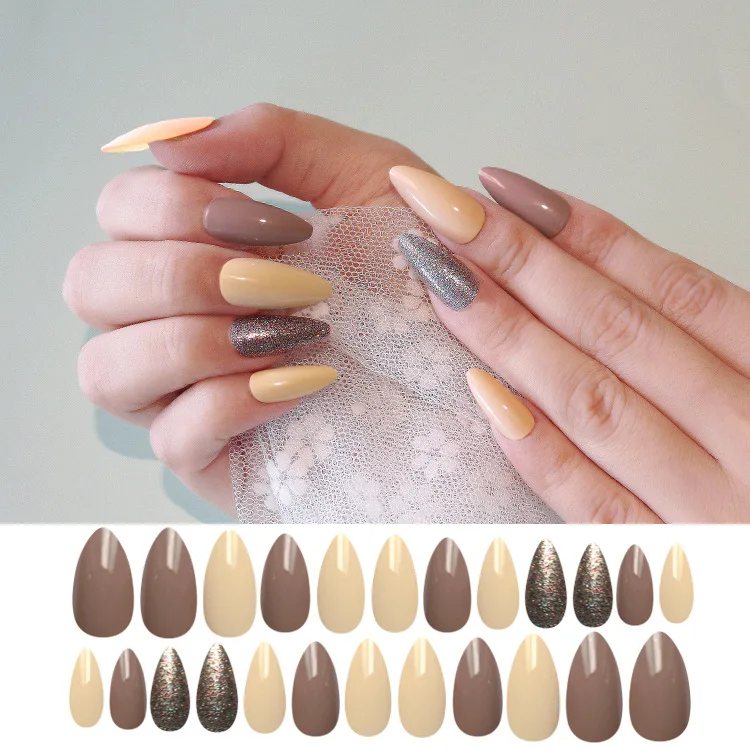 

24pcs Brown Design False Nails Wearable Fake Nails Full Cover Nail Tips with Glue DIY Manicure Decorations Fake Nail Tips