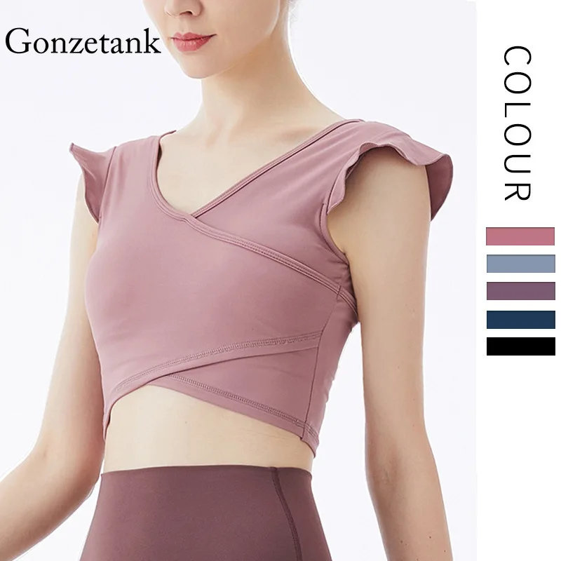 

Flounce Sleeves Crop Top Women Yoga Shirts Running Bodysuit Sleeveless Top Sports Underwear Girls Sweet and Lovely Athletic Vest