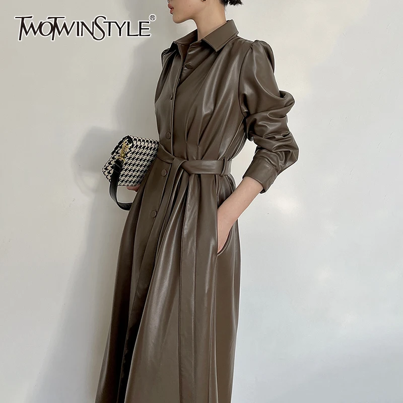 

TWOTWINSTYLE Vintage PU Dresses For Female Lapel Collar Long Sleeve With Girdle Solid Color Women's Dress Fashion Autumn New