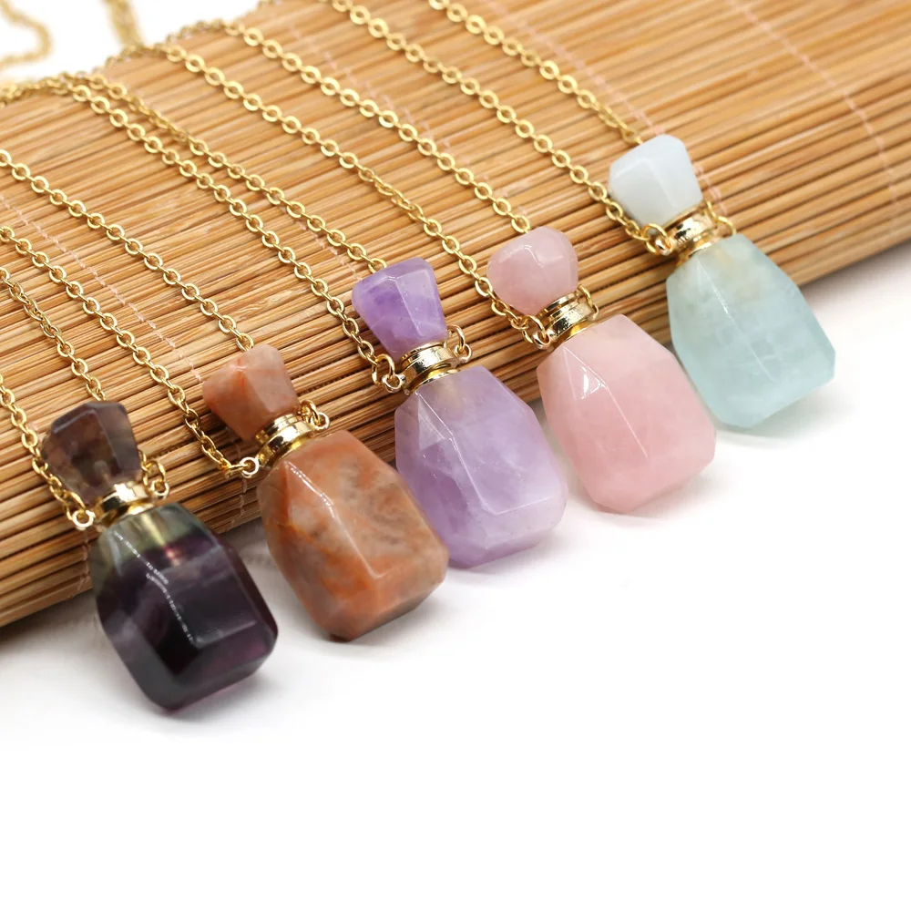 

Natural Stone Perfume Bottle Pendant Rose Quartzs Lapis Lazulis Necklace For Jewelry Gift Length 66+5cm Size 17x36x13mm