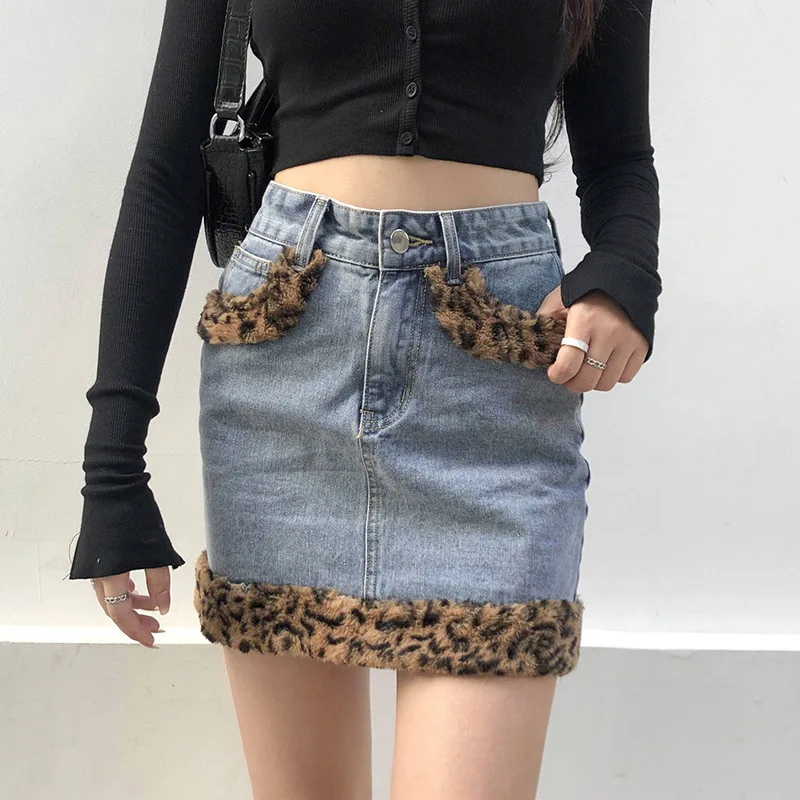 

Ladies Skirts Patchwork Furry Leopard High Waist Jeans Skirts Womens Casual Fashion Pokcet Mini Skirt Ladies Harajuku Streetwear