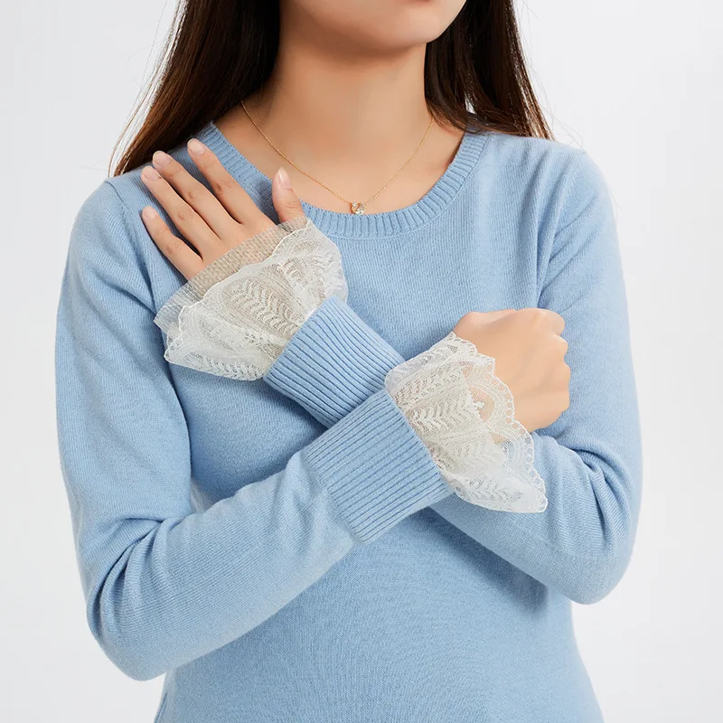 

2021 Women White Fake Flare Sleeves Lace Floral Pleated Fake Cuff Black Sweater Blouse Ruffles Wrist Warmer Detachable Fake Cuff