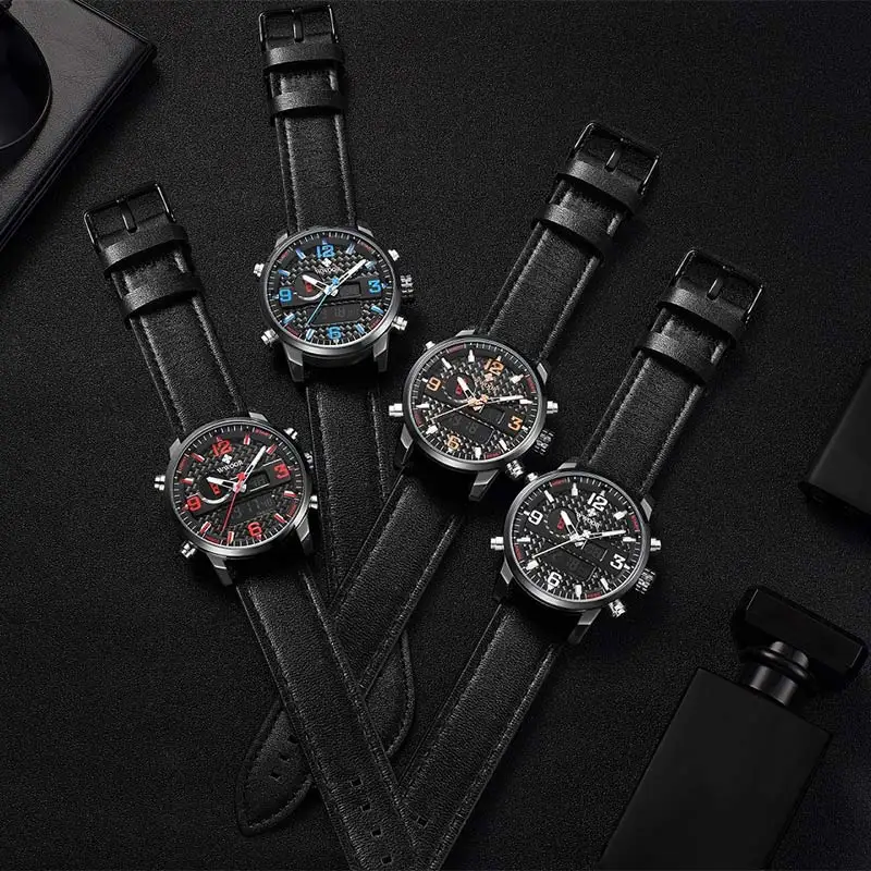 

WWOOR Top Brand Sport Watches For Men Luxury Leather Digital LED Quartz Dual Display Waterproof Watch Men Chronograph Wristwatch