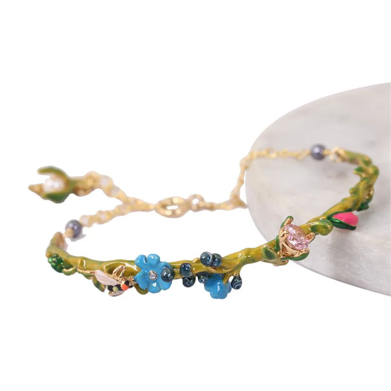 

New Rose Series Blue Flower Bee Flower Branch Gem Bracelet Female Enamel Jewelry