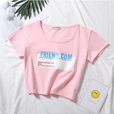 F-Pink Повседневные однотонные Короткие топы с буквенным принтом, женские модные тонкие футболки с коротким рукавом, летние женские модные простые футболки с графикой, Новинка - Цвет: F-Pink