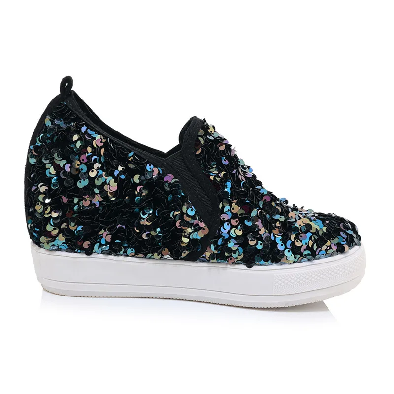 Odetina/женские кроссовки со скрытым высоким каблуком лоферы с блестками на