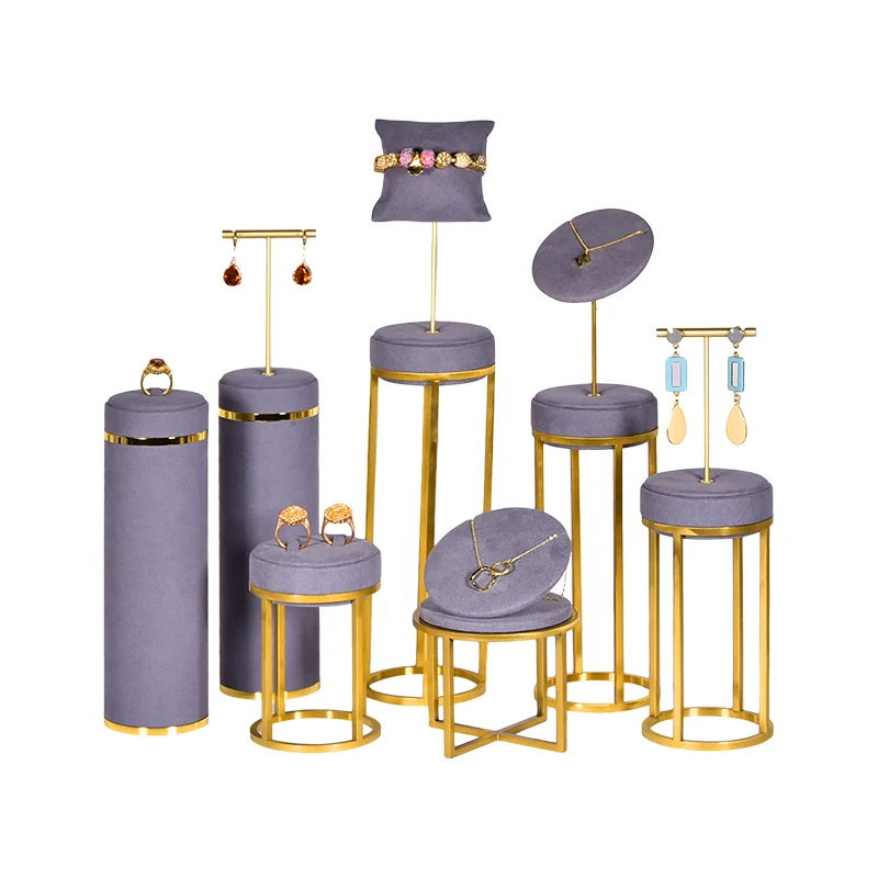 

JINSKY Jewelry Display Sets Metal MicroFiber Jewelry Display Stand Earring Necklace Ring Pendant Display Props -Gray Series