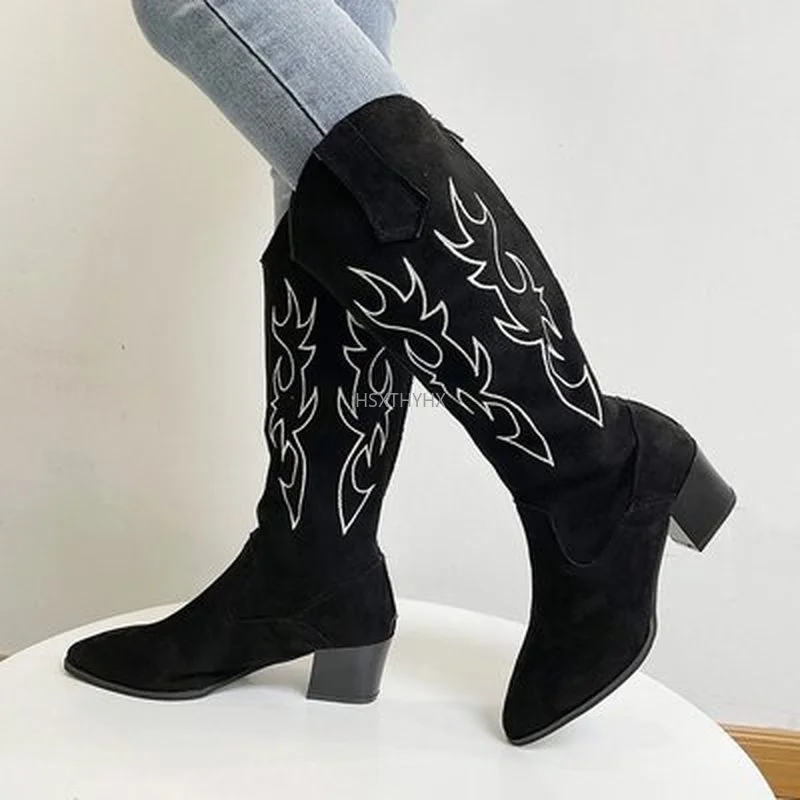 

2021 Leather Luxury Women Block High Heels Long Riding Boots Winter High Boots Designer Square Heel Western Boots Mid-calf 35-43
