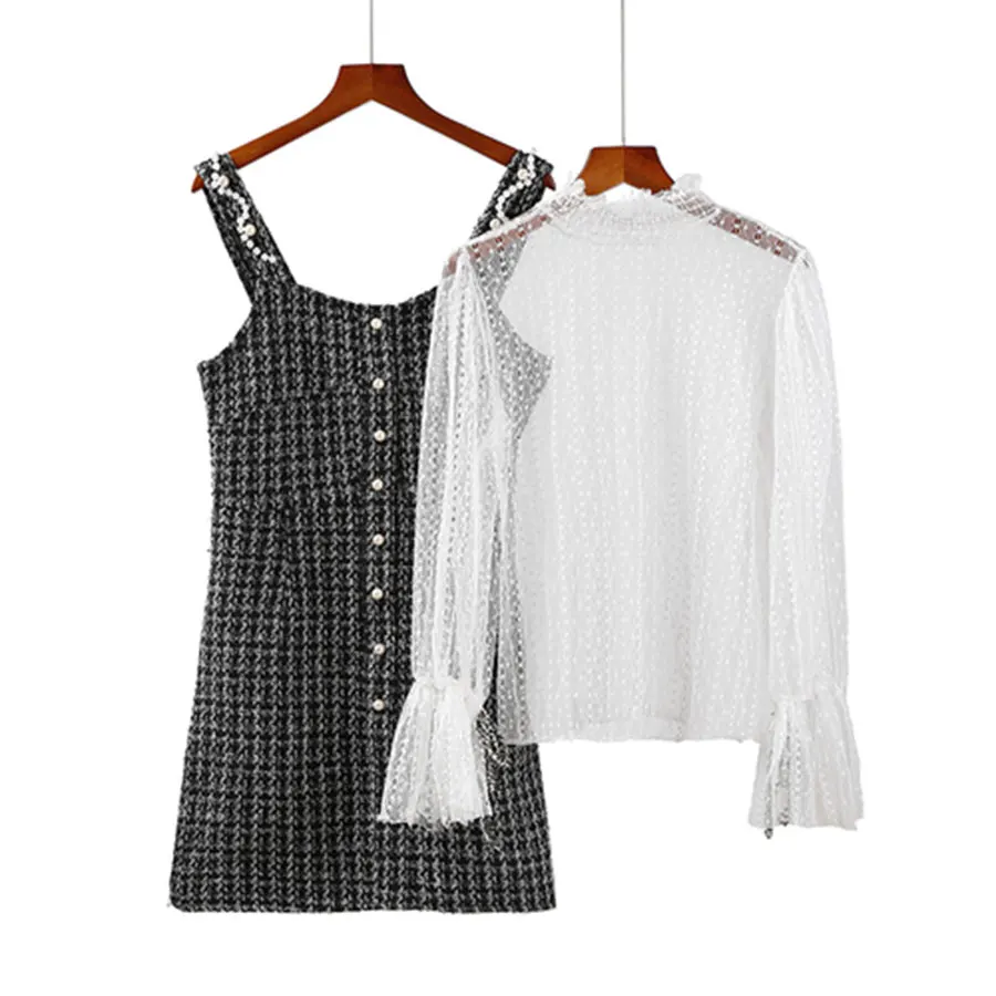 Two Pieces Set Mesh Tops Spaghetti Strap Dress Sexy Lantern Sleeve Mini Vest Dresses Ladies Fashion Elegant Party Dress New