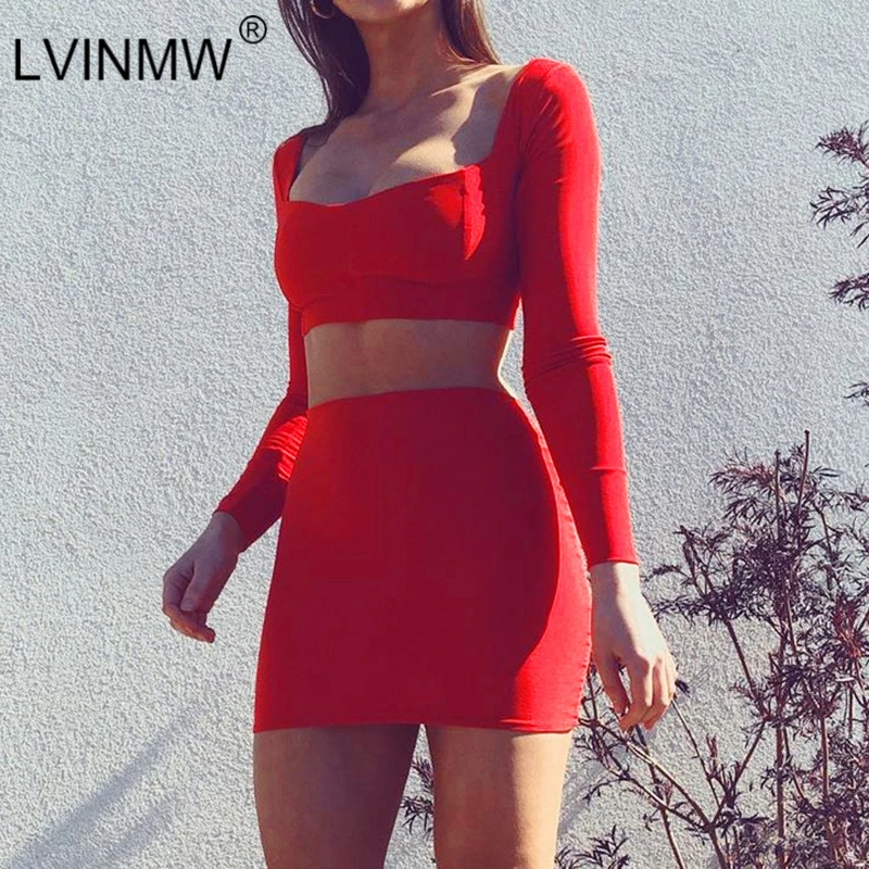 LVINMW сексуальный однотонный осенне зимний комплект из двух предметов с длинными