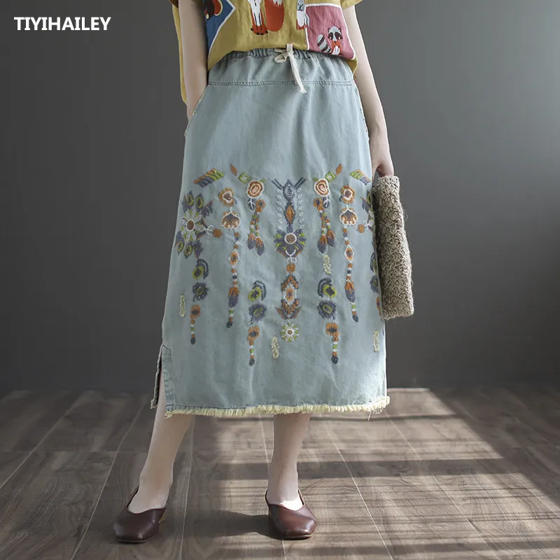 

Женская джинсовая юбка с бахромой TIYIHAILEY, хлопковая длинная юбка до середины икры с эластичным поясом, летняя трапециевидная юбка с вышивкой...