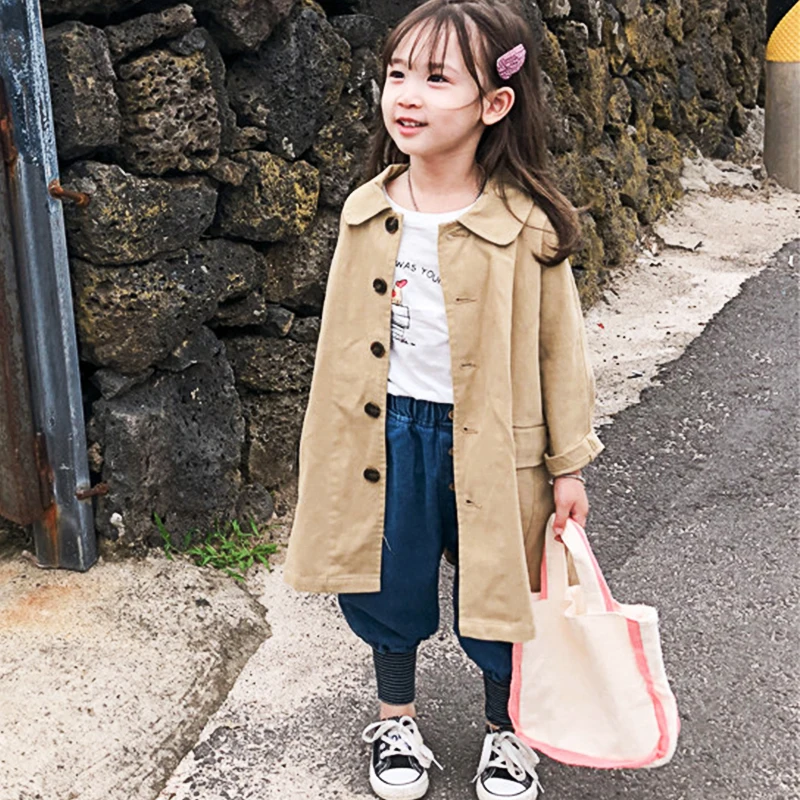 Модный тренчкот для девочек пальто цвета хаки хлопковые однотонные длинные с