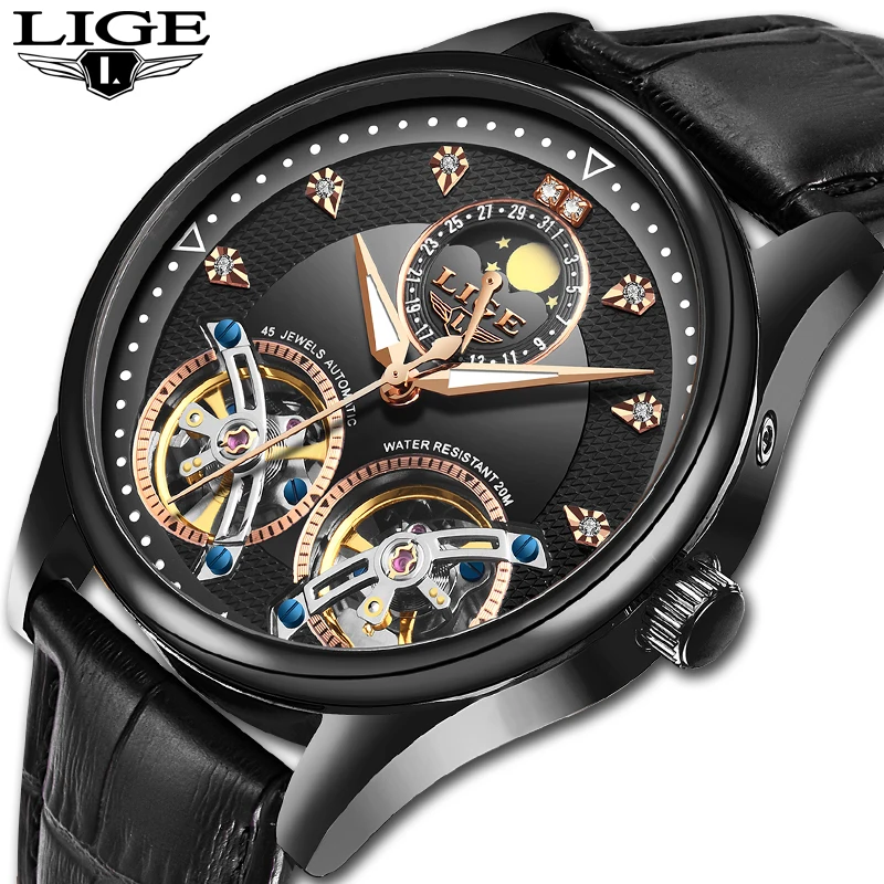 Reloj LIGE Мужские механические часы Tourbillon Роскошные модные брендовые кожаные