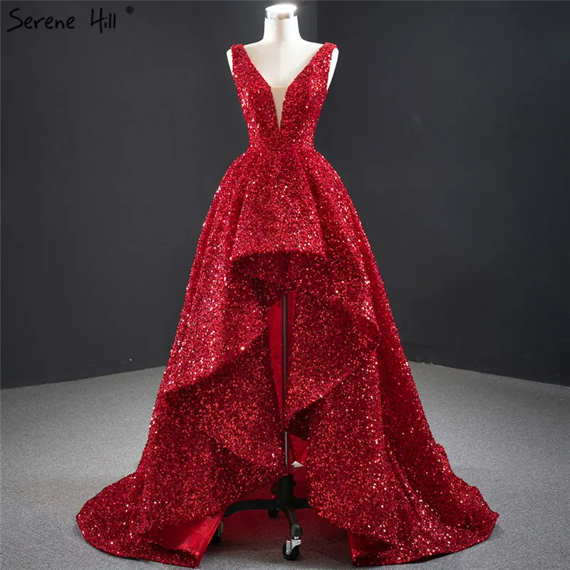 Red Deep-V Luxury Sexy Evening Dresses 2020 Sleeveless Sequins Asymmetrical Formal Dress Serene Hill DHM67126 Dubai | Свадьбы и