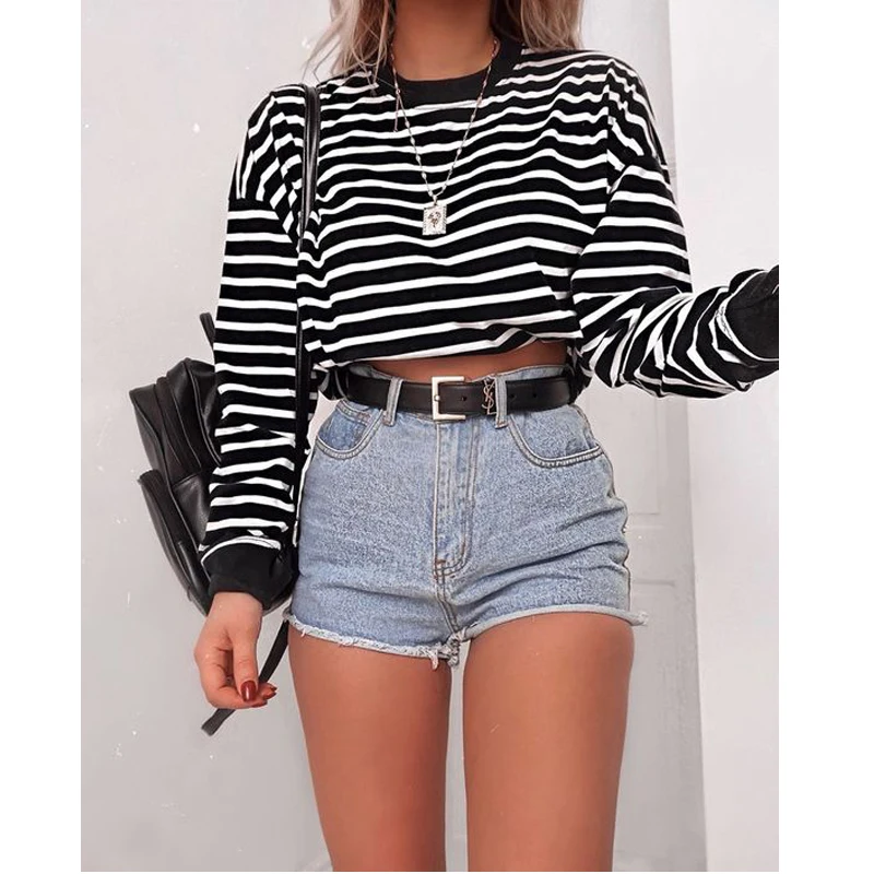 Autumn Spring Women Casual O-Neck Long Sleeve Striple Soft Cotton Loose Crop Top Short Shirts Pullover Sweatshirts