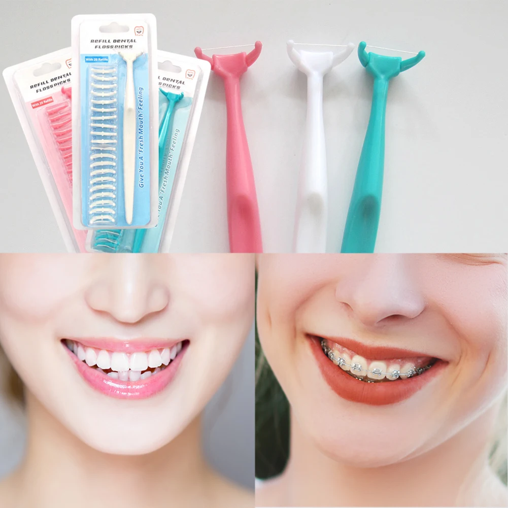 

20pcs Dental Floss Head Kit Flosser Oral Hygiene Teeth Cleaning Remove Bad Breath Interdental Brush with Teeth Stick