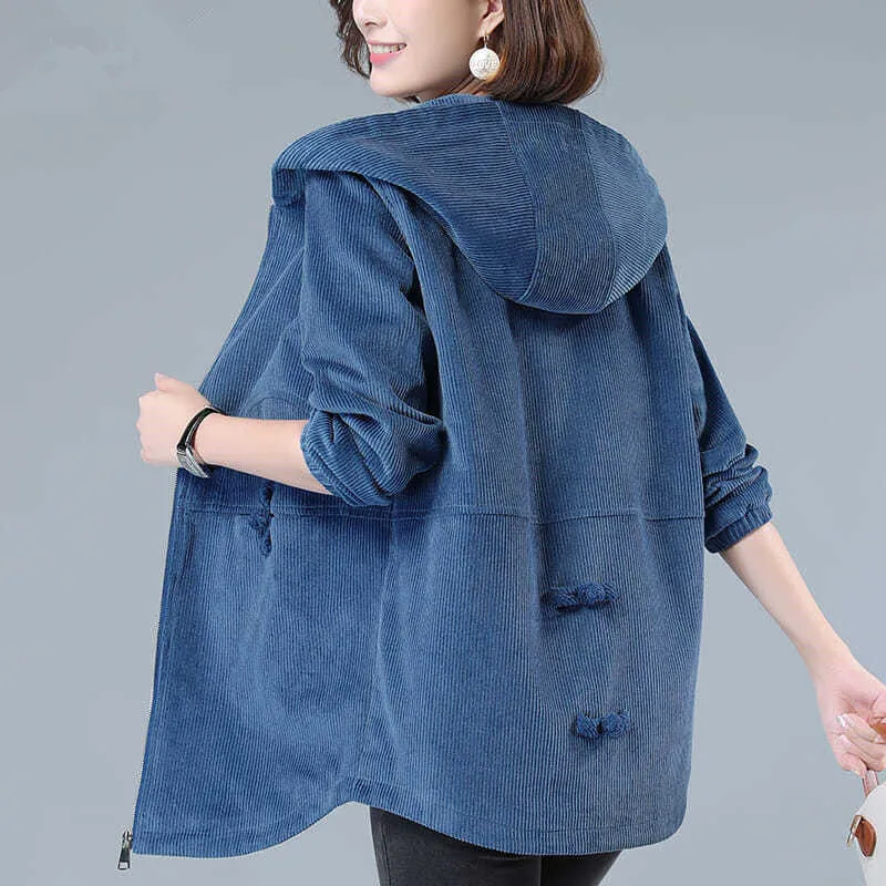 Куртка Вельветовая Женская свободная с капюшоном для женщин среднего возраста