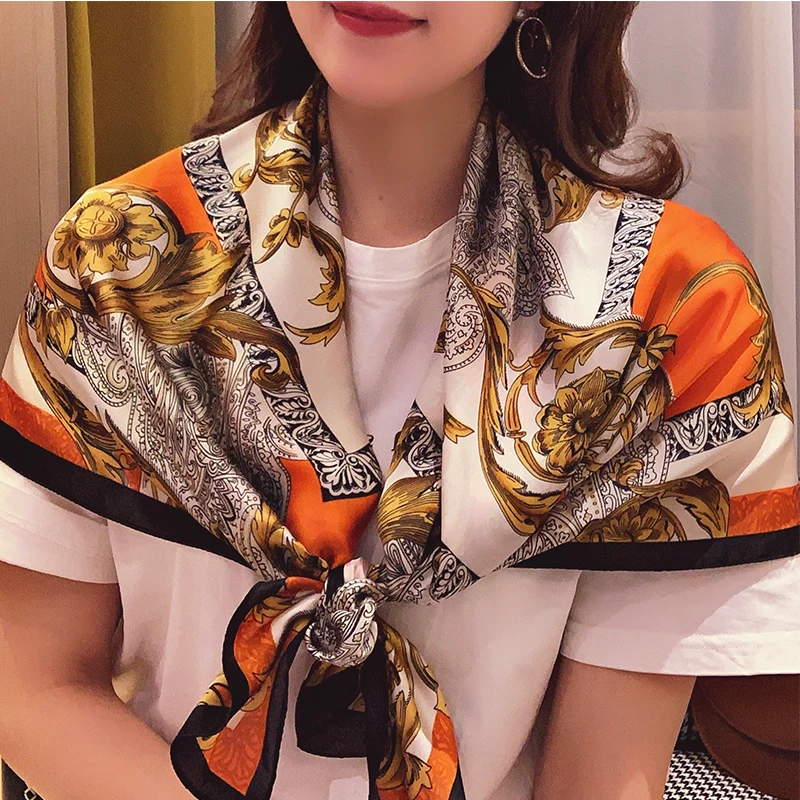 

2021 Headcloth New Bandana Female 90X90CM Neckerchief Fashion High-Grade Silk Scarf Kerchief Summer Sunscreen Print Satin Shawl