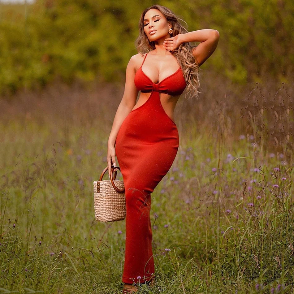 

Elegant Women Bandage Long Dress Sexy Hollow Bodycon Spaghetti Celebrity Evening Party Dress Female 2021 Summer Fashion New