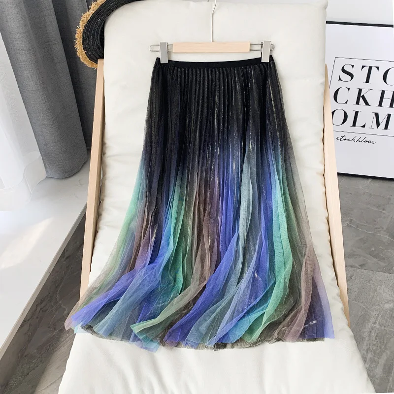 Осень 2020 с эластичной резинкой на талии юбка женская градиент цвета радуги из