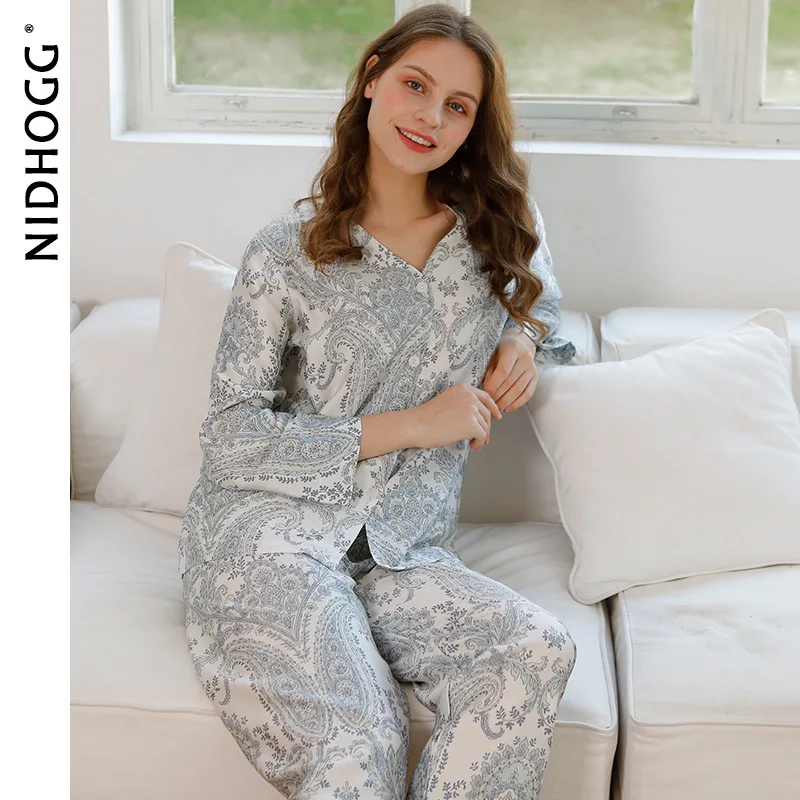 

2021 Spring/Autumn Pajama Set Lyocell V-Neck Print Pajamas Long Sleeve Sleepwear European American Style Breathable Loungewear