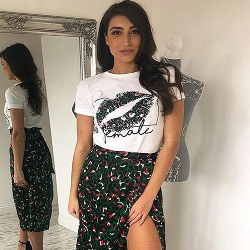 Футболка женская с принтом губ повседневная пикантная белая милая топ коротким