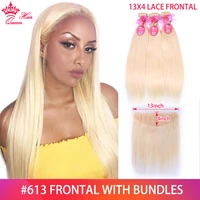 queen hair brazilian straight blonde human hair lace frontal closure with bundles human hair 3 4 bundles with frontal 613 color