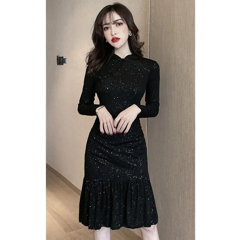 

Model real shot 2020 spring and autumn new long-sleeved retro Chinese style improved cheongsam-style black sexy fishtail dress