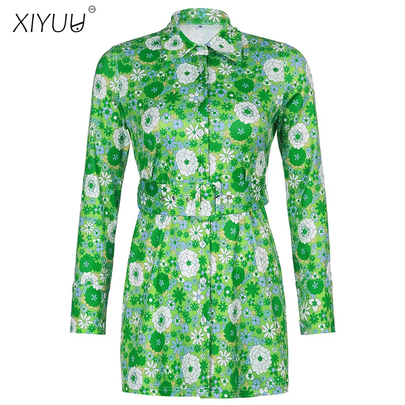 

XIYUU Sexy Printed Slim Fit Women Dress Summer Fashion Flora LHigh Waist Tie Shirt Dress Party Vacation Casual Mini Dress