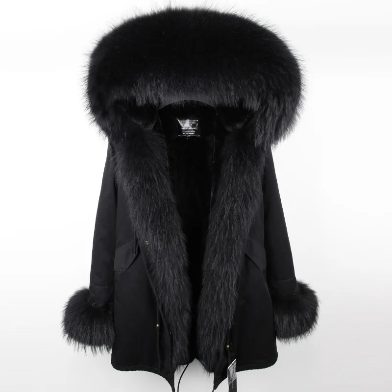 

2022 FURTJY Women Real Fur Parka Winter Hooded Jacket Real Raccoon Fur Collar Parkas Faux Fur Coat Lining Jacket Long Coat